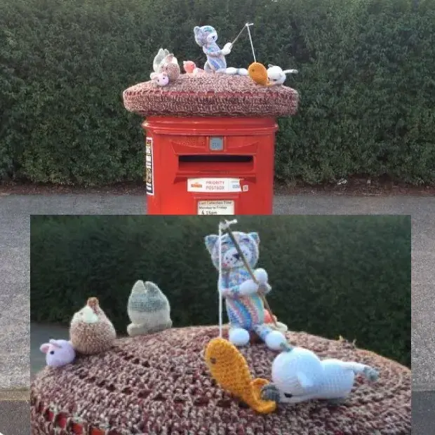 Letterbox topper with crochet fishing scene