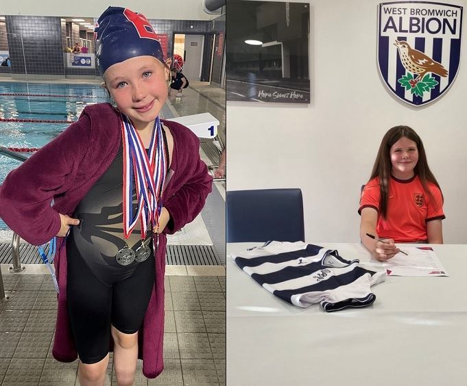Grace, from Catshill Middle School U14 and West Bromwich Albion U13 football, plus sister Lottie with 4 silver medals from Bromsgrove swimming club gala