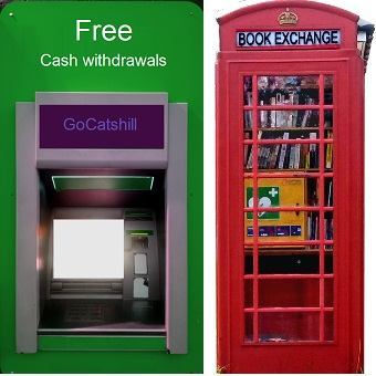 An ATM and a phone booth containing a defibrillator and book exchange