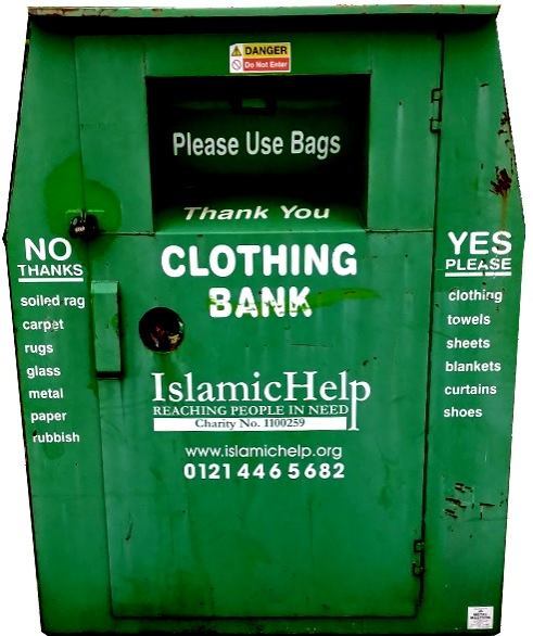 Clothing bank - green, labelled with details about Islamic Help
