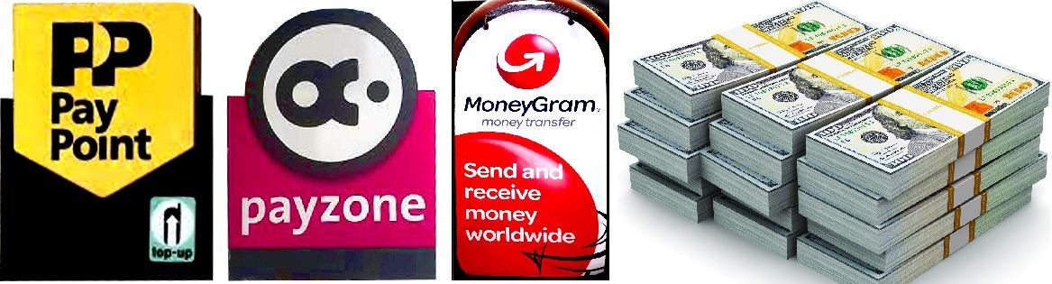 Signs for money and payment services available locally, including Pay poit, payzone, moneygram