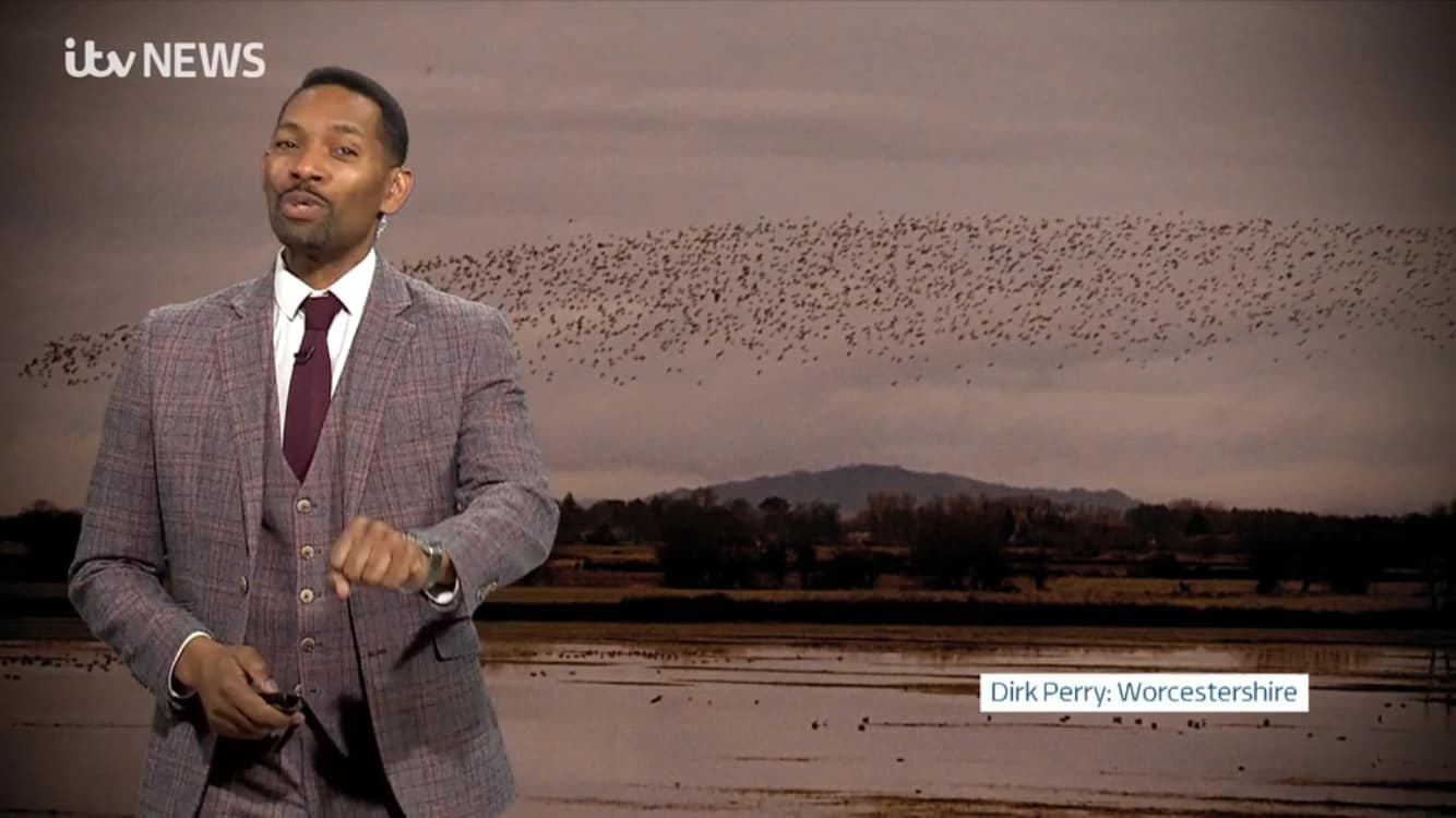 ITV weather forecast with background image of a murmuration. Image supplied by Dirk Perry